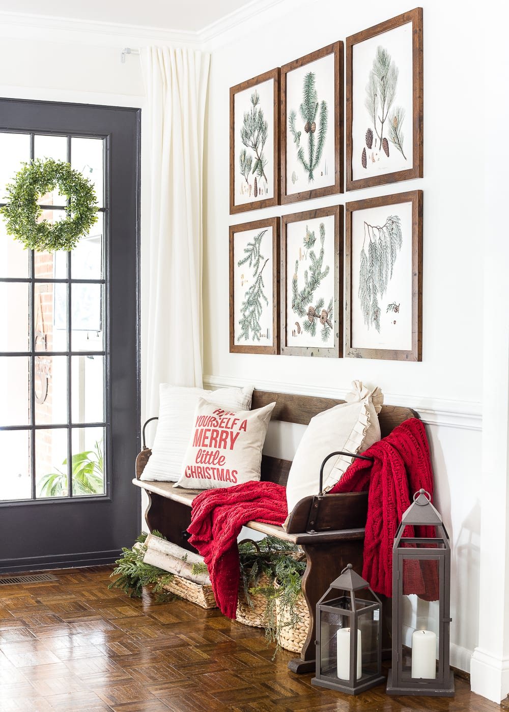 Winter Botanical Gallery Wall Printables | unigumushane.com - A Christmas entryway bench and a free downloadable set of winter evergreen botanical prints for a printable gallery wall #christmasprintable #christmasentryway #botanicalprints #gallerywall
