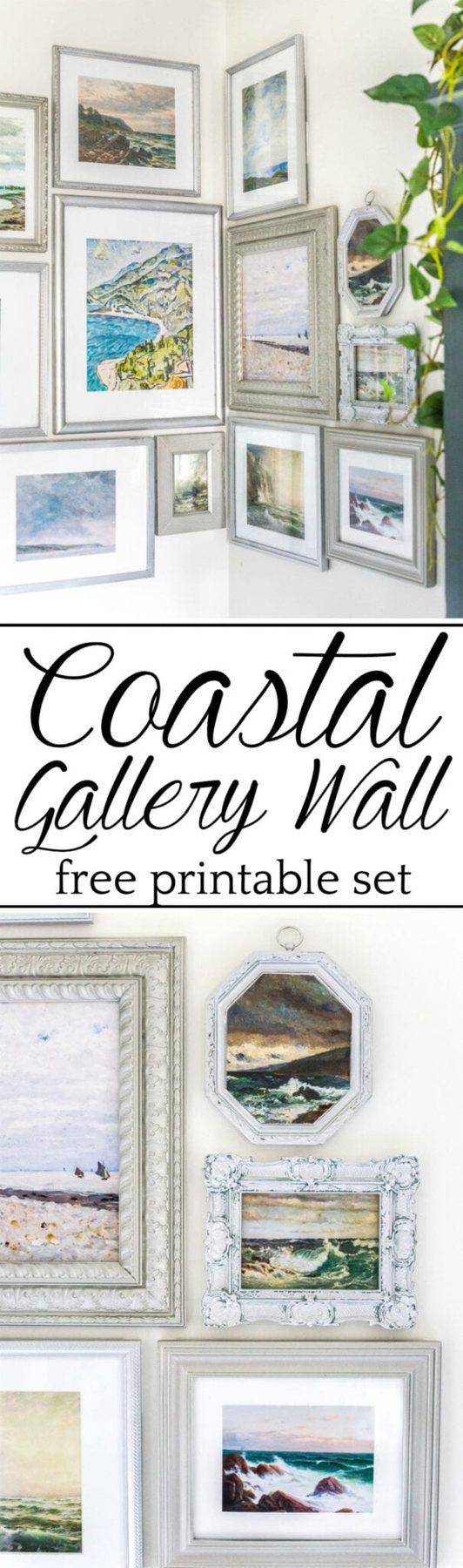 A free printable set of a coastal gallery wall featuring antique ocean paintings and how to frame them inexpensively with thrifted finds. #coastaldecor