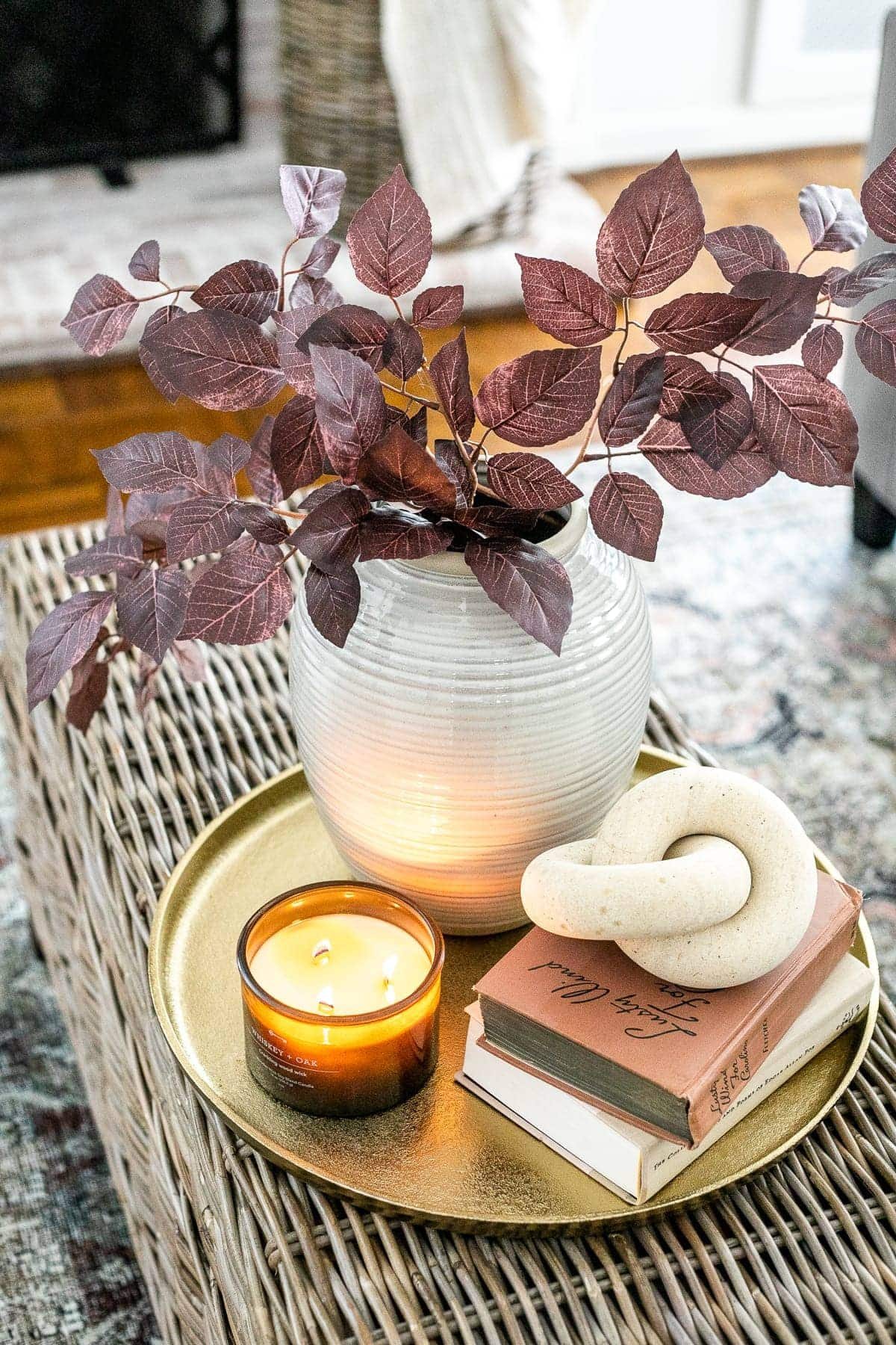 coffee table tray with fall leaves and candle
