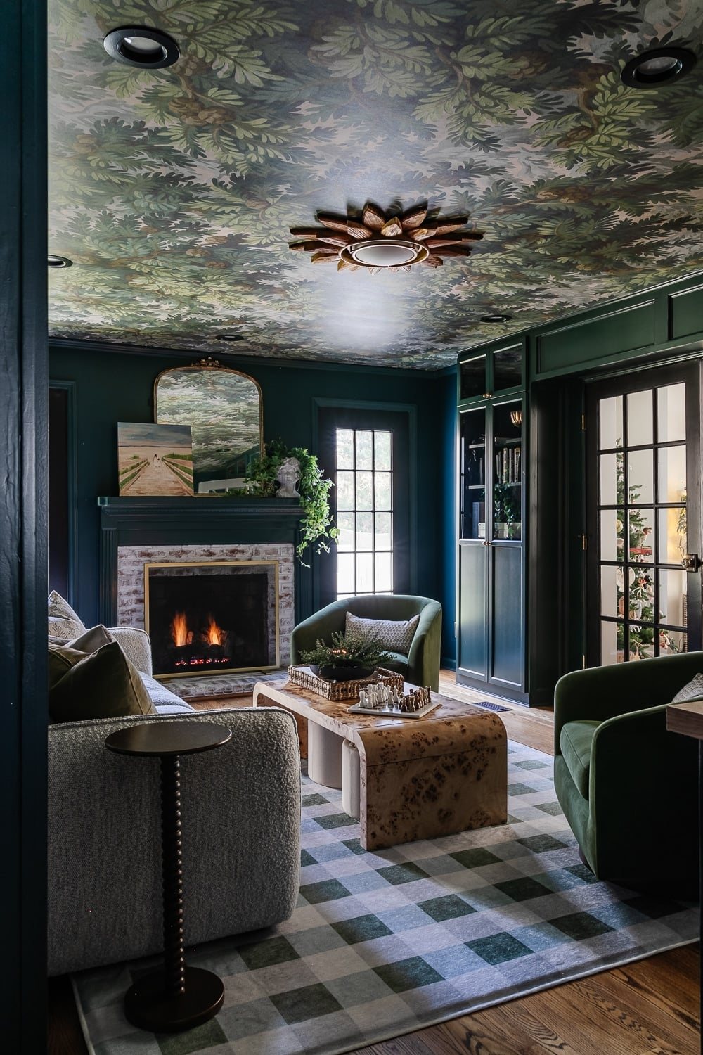 color drenched living room in teal paint