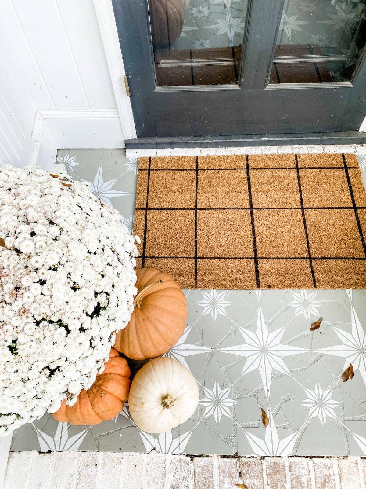 DIY Windowpane Check Welcome Mat and Stenciled Porch Floor