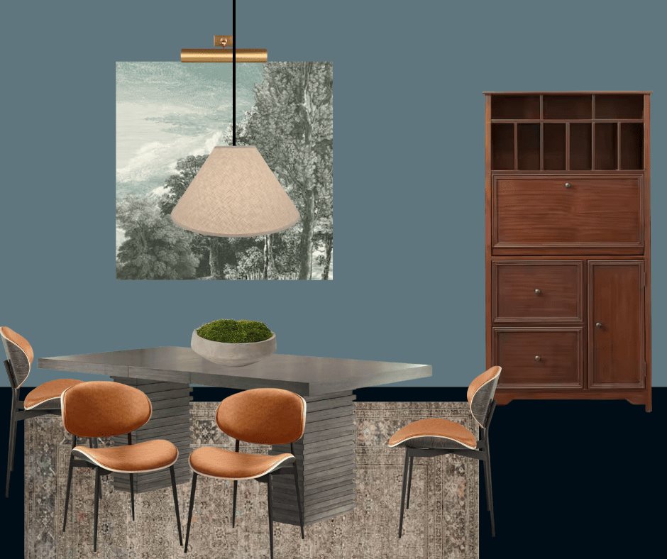 deep teal small conference room mood board with conference table, memo board, and desk