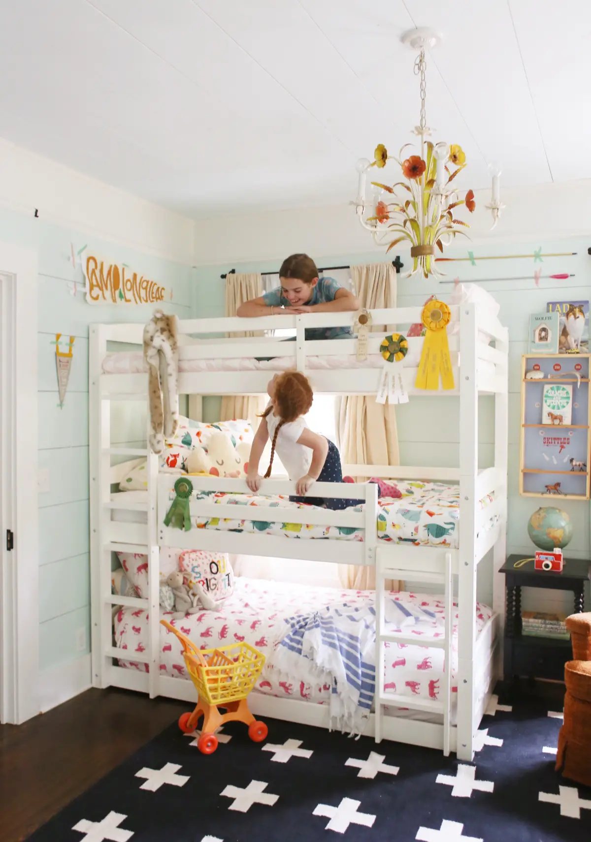 white triple bunk bed with eclectic cottage style