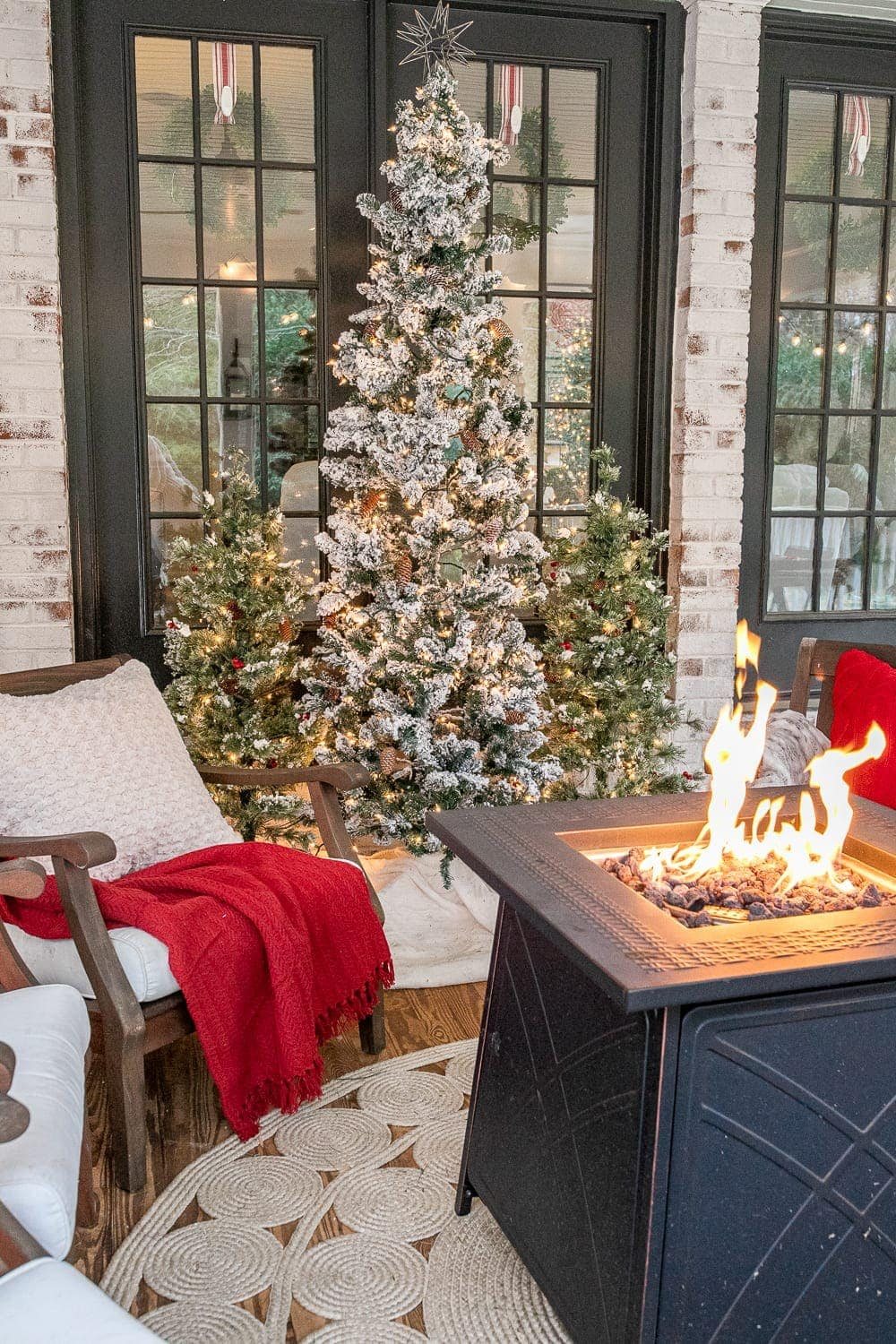 Back porch fire pit table and Christmas trees