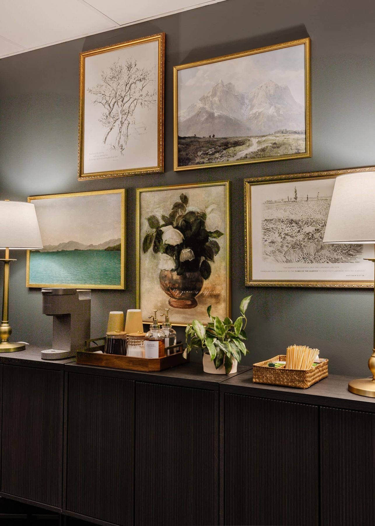 sideboard, gallery wall, and coffee station in a conference room