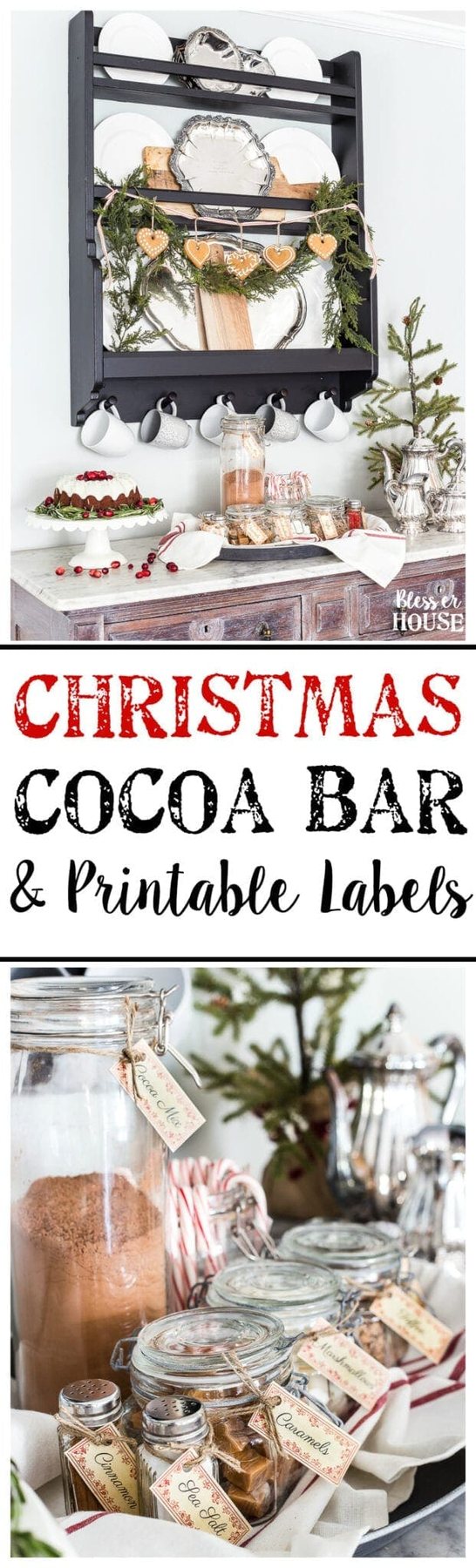 Cozy Hot Cocoa Bar & Printable Labels | unigumushane.com - A cozy hot cocoa bar vignette set up for Christmas plus a free printable label set for toppings and mix-ins. #cocoabar #Christmasdecor #Christmaskitchen #printablelabels