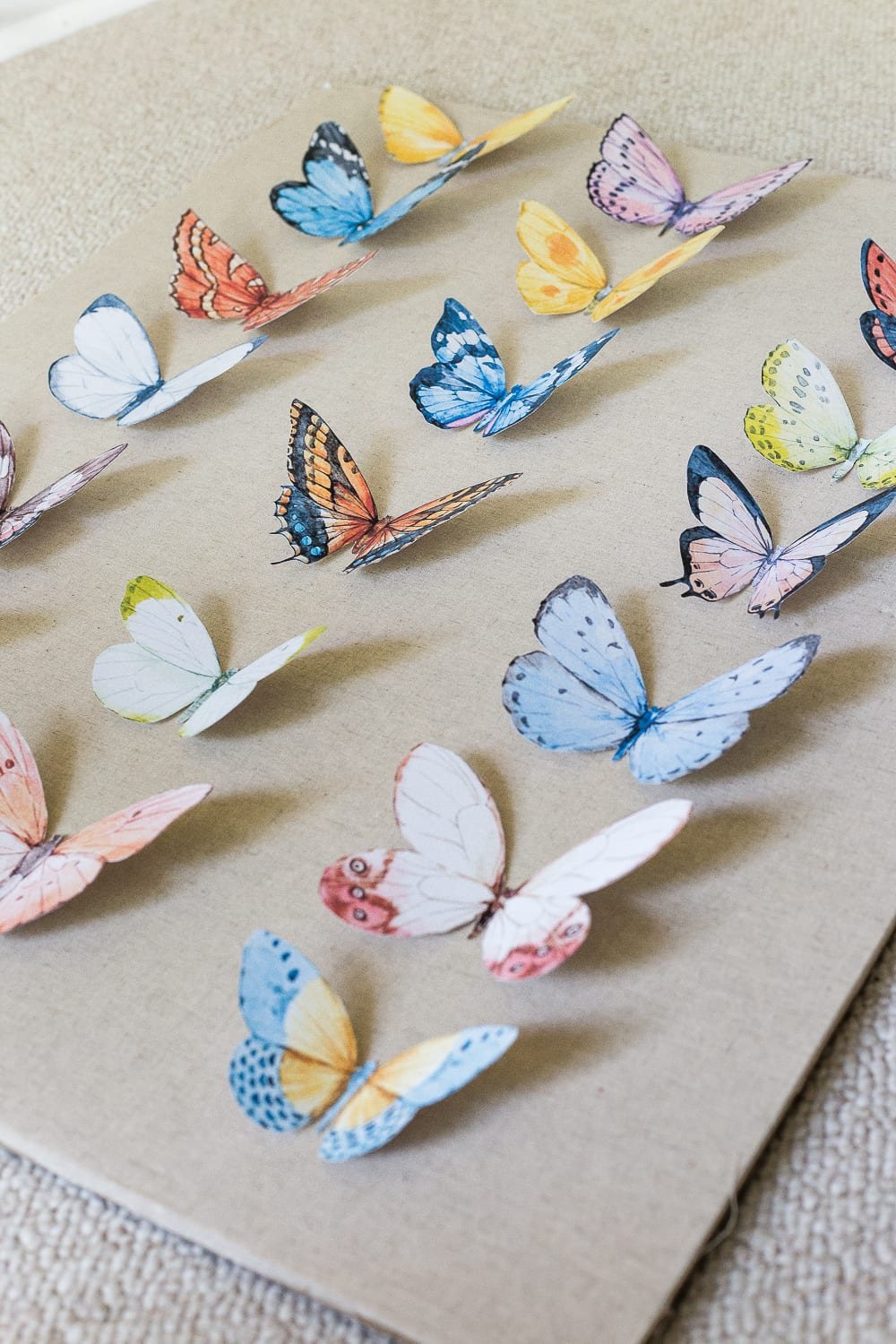 A tutorial about how to make an inexpensive modern Victorian style butterfly study shadow box with free printables of watercolor butterfly graphics for a little girl bedroom. #kidsdecor #girlbedroom #girlroom #kidsbedroom #wallart #kidsart #kidswallart #butterfly #butterflies #butterflydecor #girlydecor #nursery