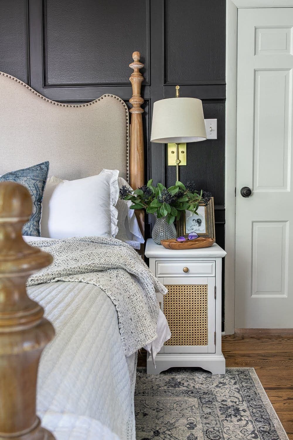 DIY Cane Nightstand Makeover | How to turn a basic glass cabinet nightstand into a designer-worthy cane style that works for both modern and traditional styles.