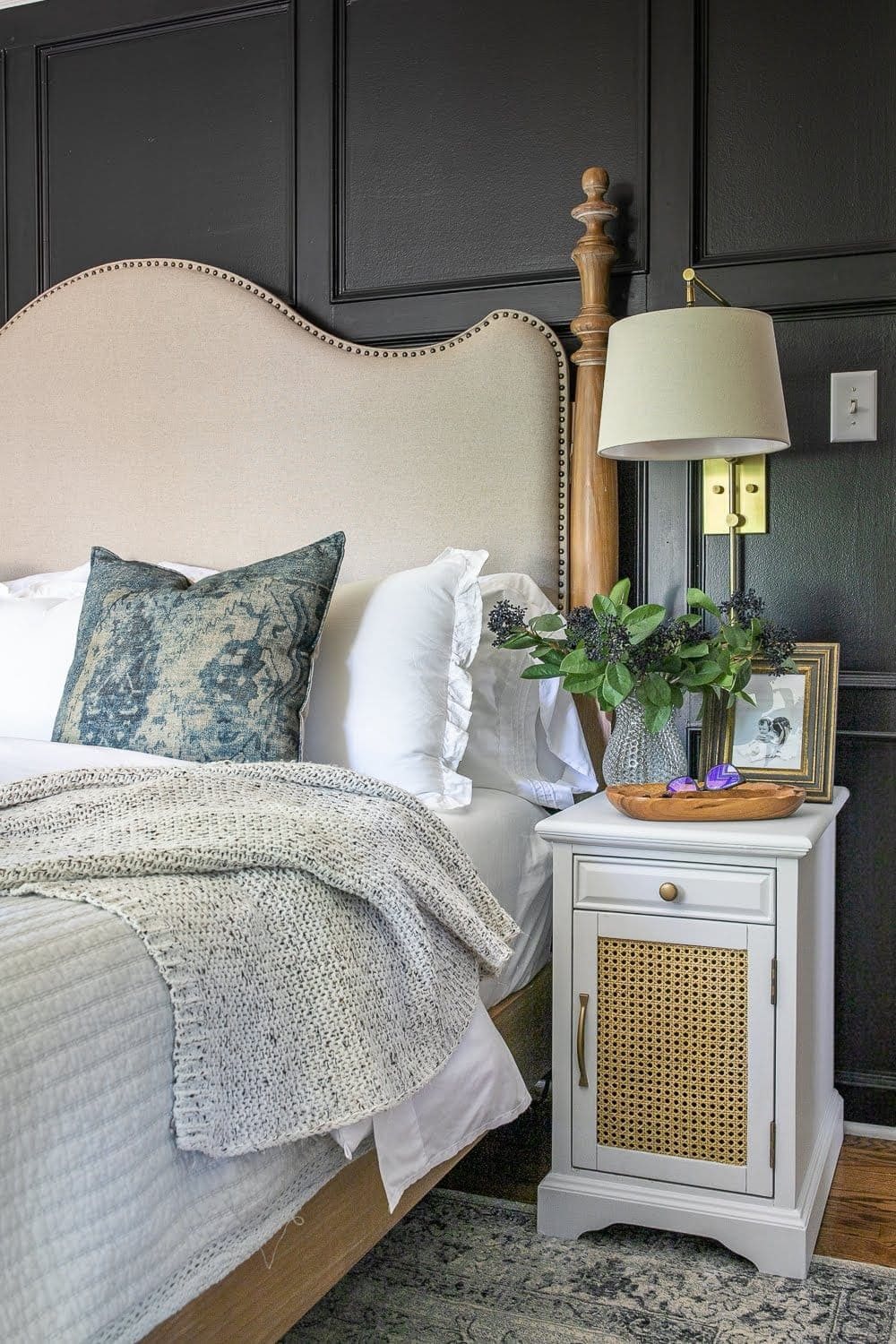 DIY Cane Nightstand Makeover | How to turn a basic glass cabinet nightstand into a designer-worthy cane style that works for both modern and traditional styles.