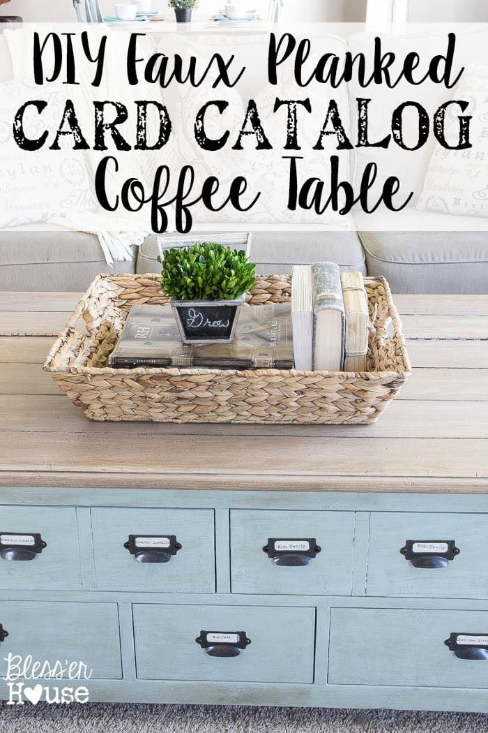 DIY Faux Planked Card Catalog Coffee Table | unigumushane.com - Awesome way to organize DVDs! Add label pulls!