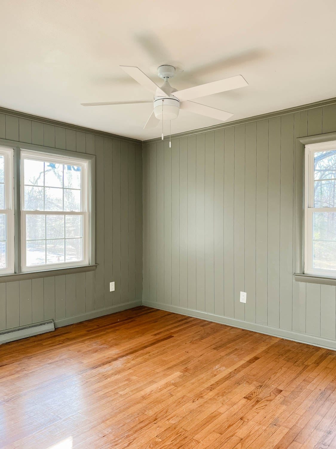 DIY faux wall planking using Sharpie paint pens in a bedroom painted Sherwin Williams Evergreen Fog