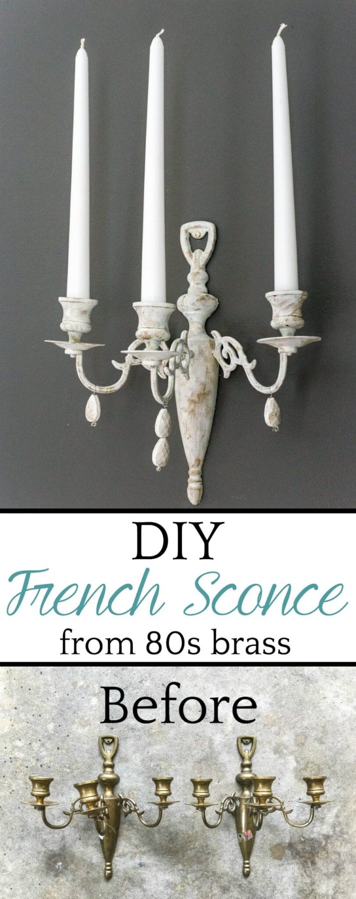 How to turn a dated brass piece into a Restoration Hardware-inspired French sconce using paint samples and jewelry beads. #frenchsconce #sconce #walldecor