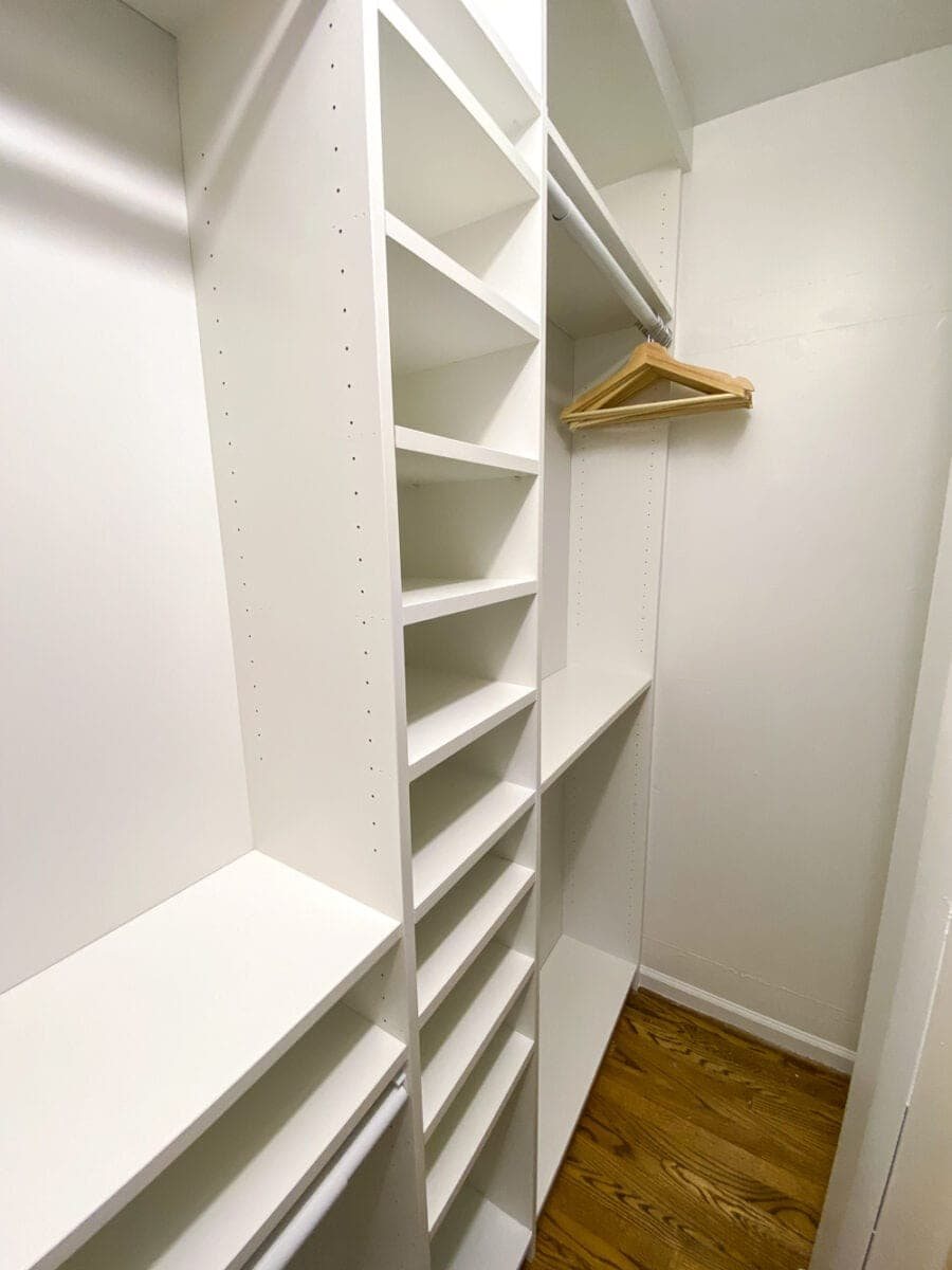 IKEA Closets Using Billy Bookcases | A step-by-step tutorial and budget breakdown for using IKEA Billy bookcases to customize his & her closets in a master bedroom.