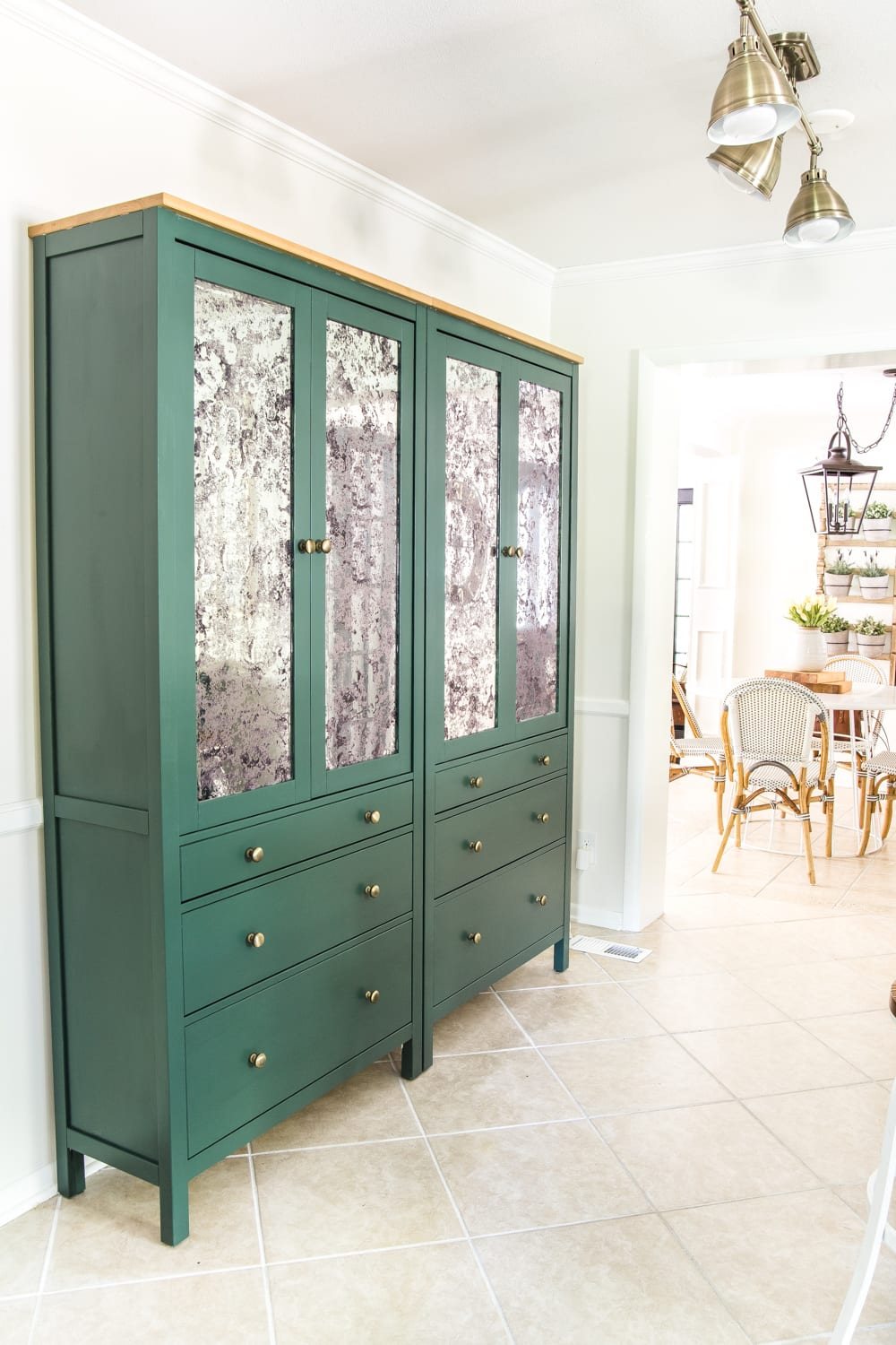 antique mirror window film on an IKEA Hemnes pantry cabinet using Sherwin Williams Billiard