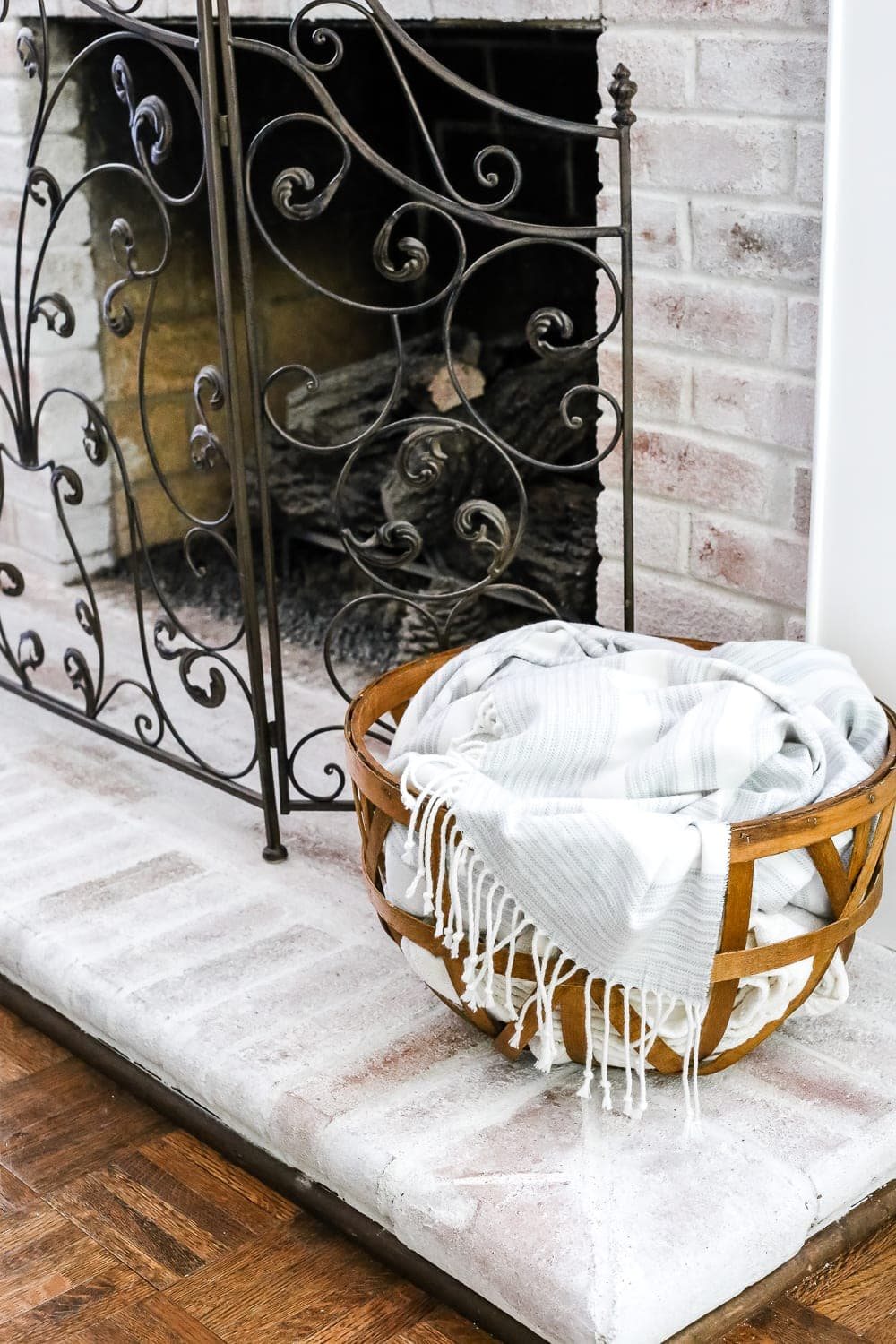 diy lime washed fireplace brick