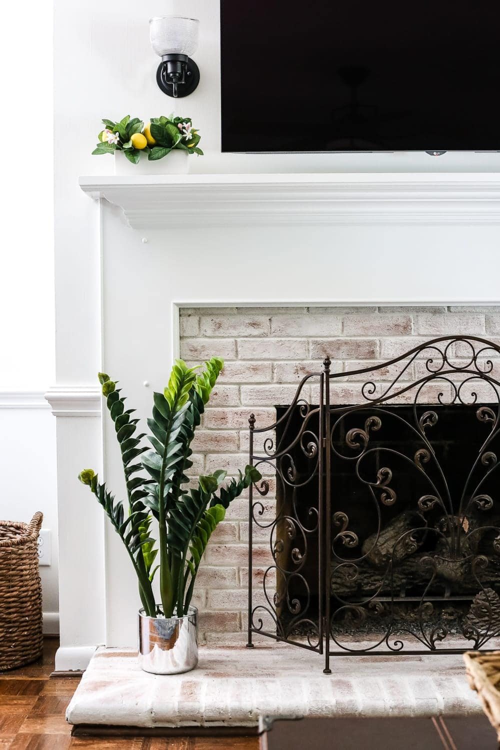 lime washed bricks on a fireplace