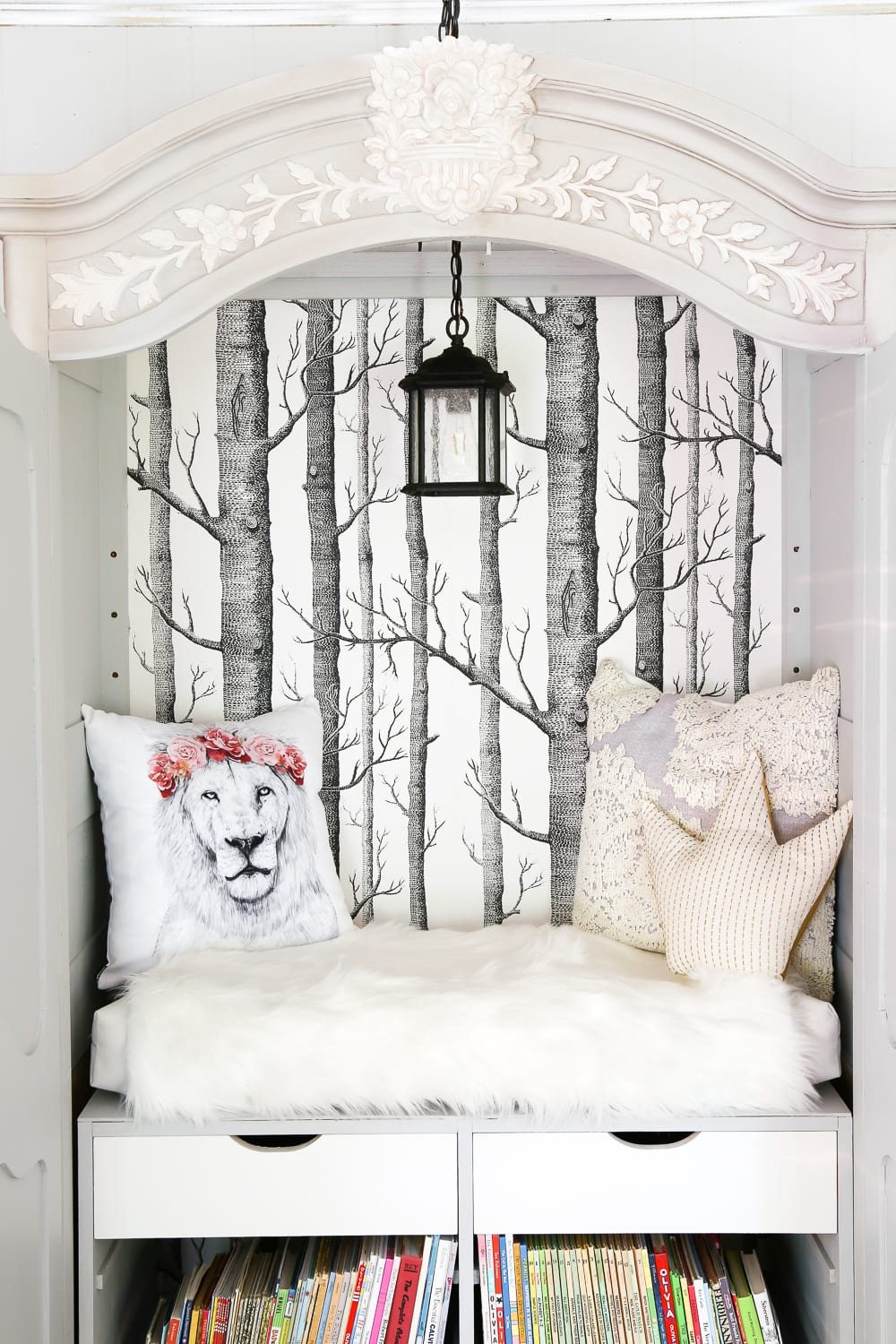 DIY Narnia Wardrobe Reading Nook | unigumushane.com - A plain, thrifted armoire gets a sweet, fairytale-like makeover as a reading nook based on the story of The Lion, the Witch, and the Wardrobe.