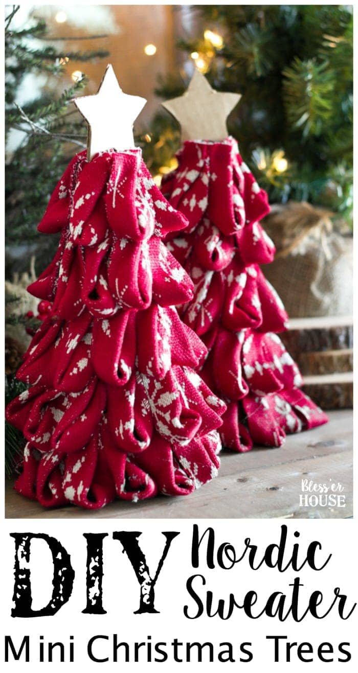 DIY Nordic Sweater Mini Christmas Trees | unigumushane.com - How to make Nordic sweater mini Christmas trees using just florist foam, ribbon, and hot glue for cute decor accents on tabletops and mantels.