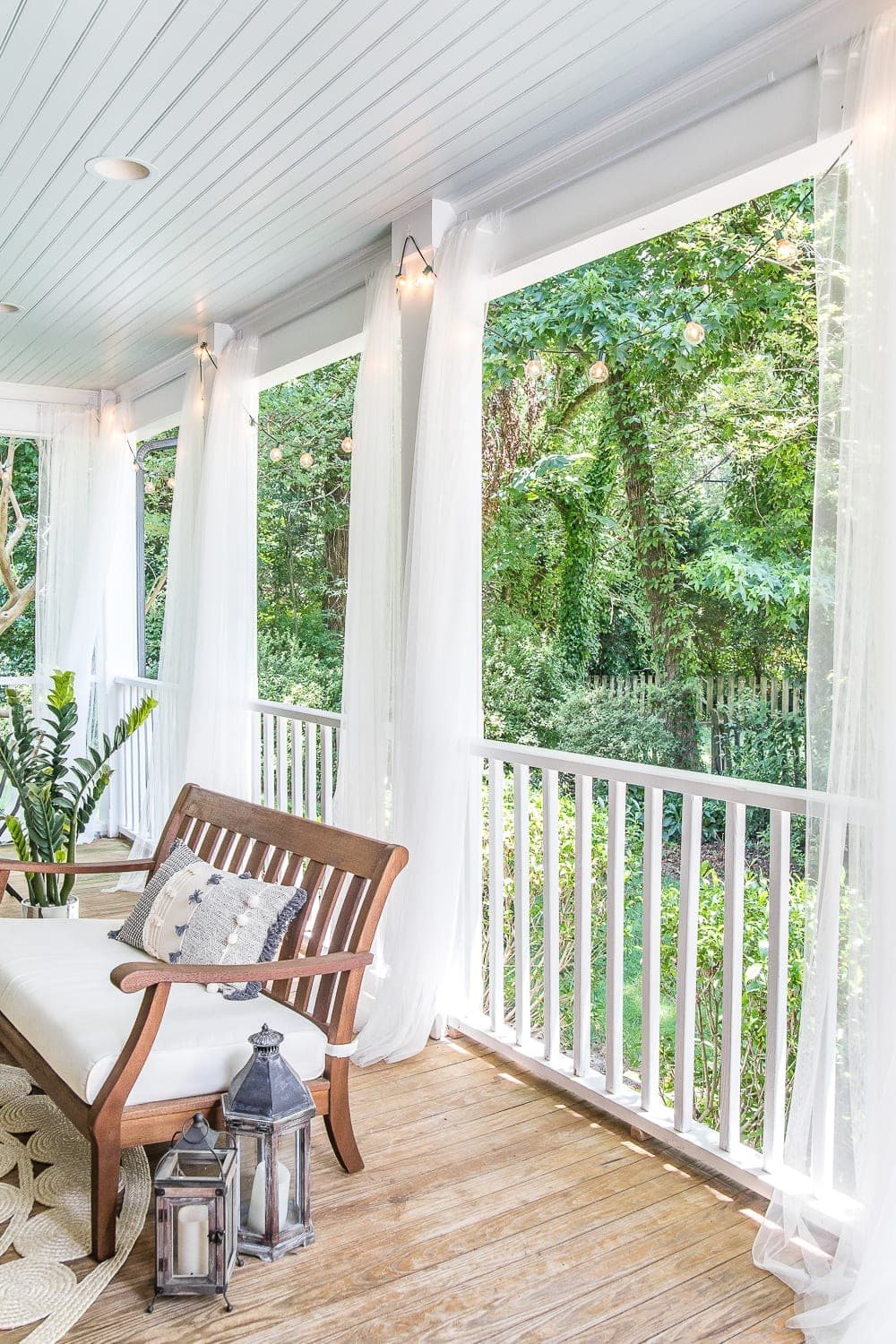 back porch outdoor curtains with haint blue ceiling
