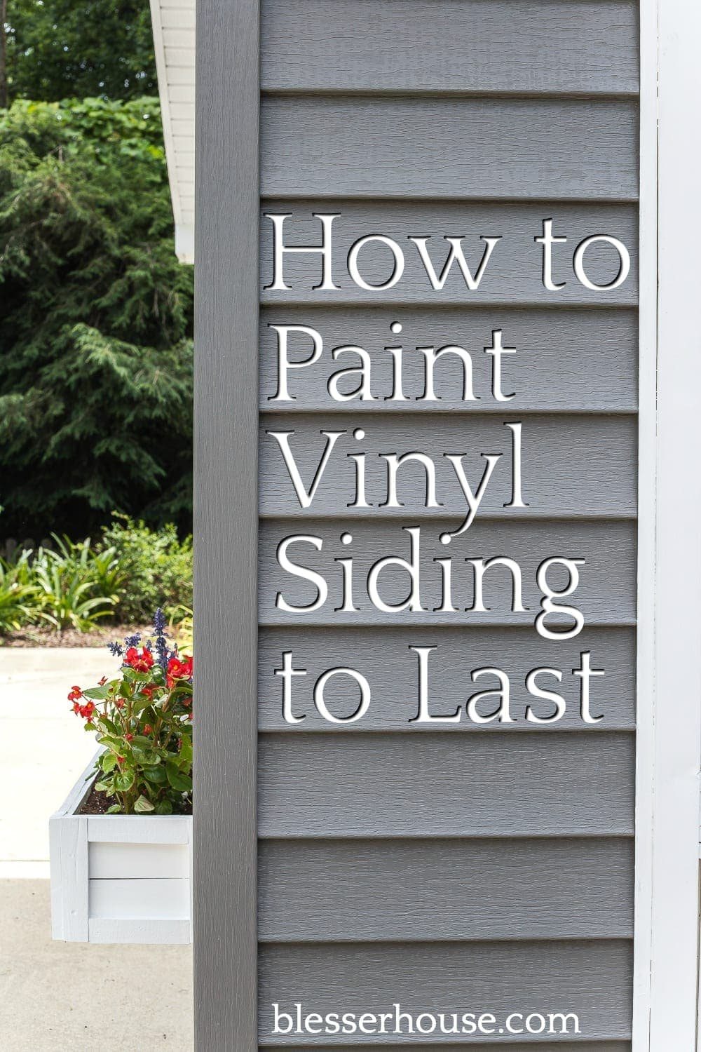 The best solution for painting vinyl siding to make it last and an inexpensive exterior pool shed makeover. #poolshed #paintvinylsiding