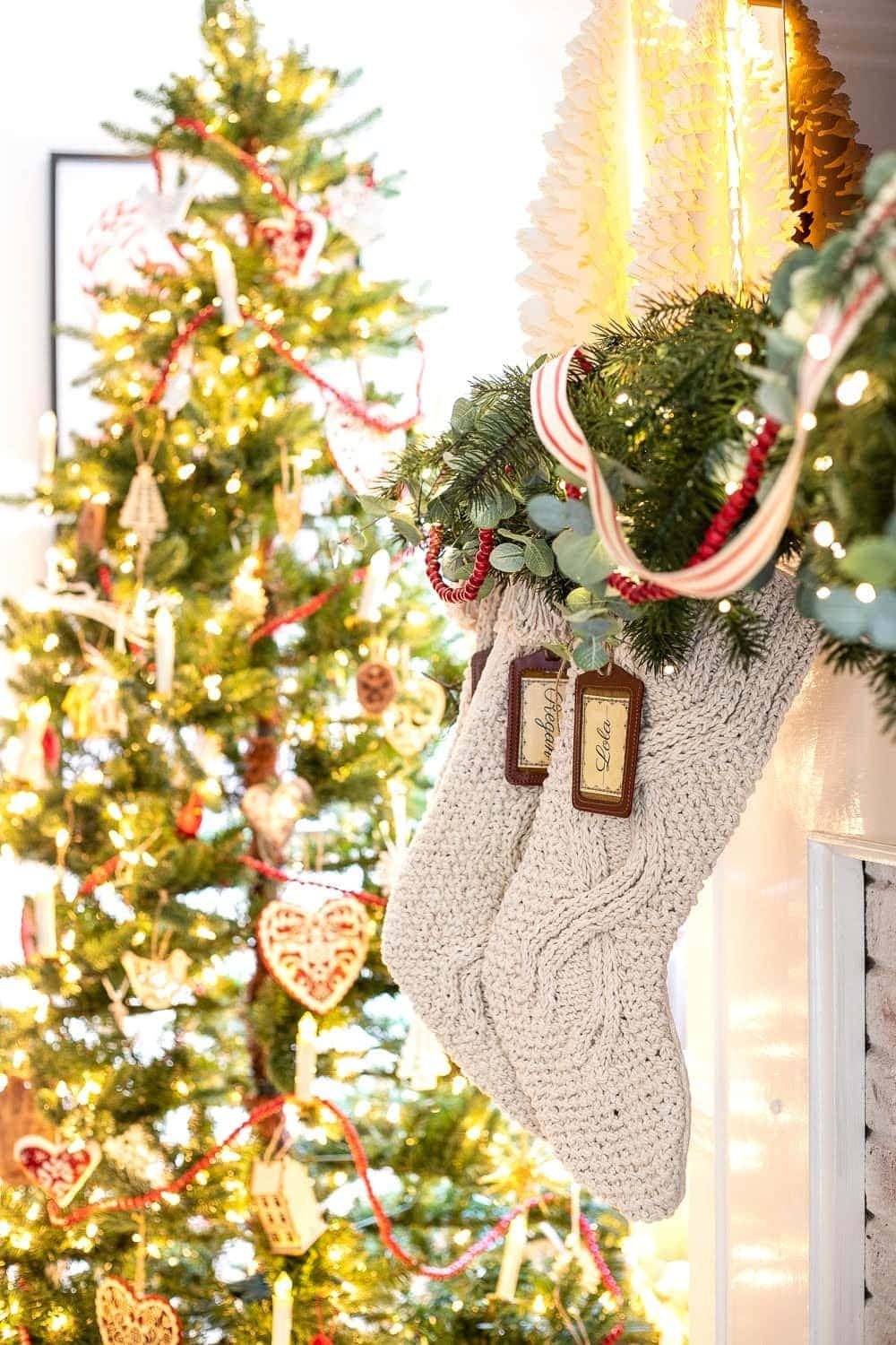 cable knit stockings with luggage tag name tags
