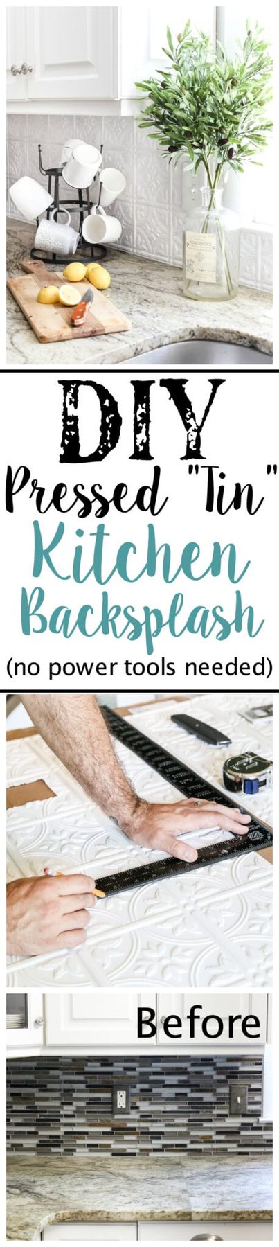 DIY Pressed Tin Kitchen Backsplash | unigumushane.com - How to makeover a kitchen backsplash with a pressed tin farmhouse style inexpensively and in 6 hours, no power tools required.