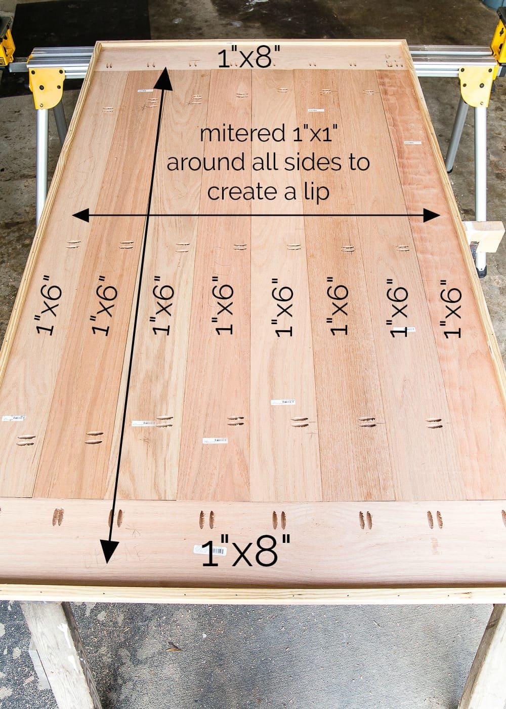 A tutorial for how to build a retrofitted table top to fit over any existing table using Minwax Dark Walnut stain. #build #furniturebuilding #tabletop #diningtable #diytable #farmhousetable #diyfurniture #woodworking #furnituremakeover #tablemakeover #minwax #woodstain #walnut