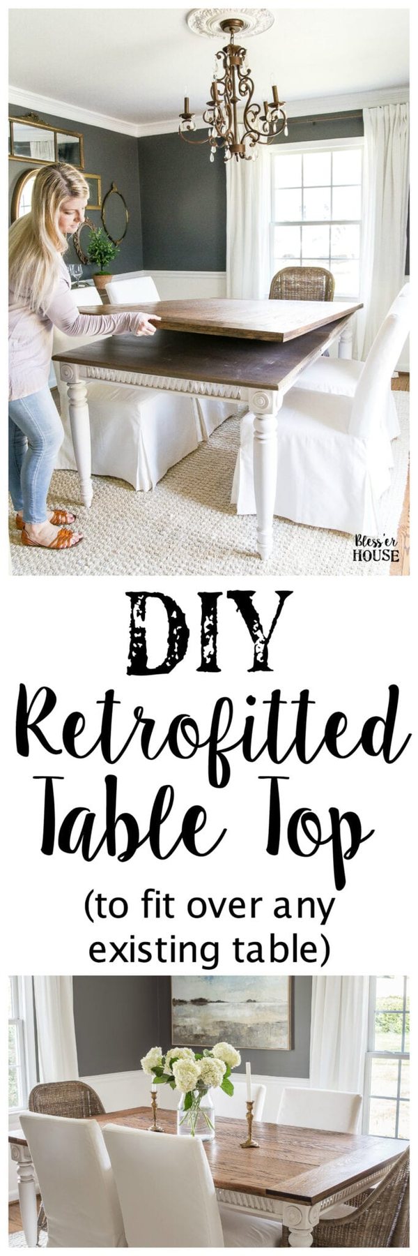 A tutorial for how to build a retrofitted table top to fit over any existing table using Minwax Dark Walnut stain. #build #furniturebuilding #tabletop #diningtable #diytable #farmhousetable #diyfurniture #woodworking #furnituremakeover #tablemakeover #minwax #woodstain #walnut