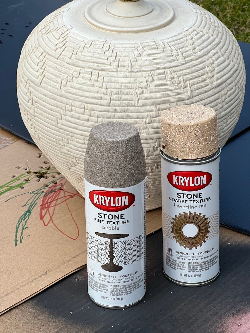 making a rustic table lamp designer dupe using stone textured spray paint