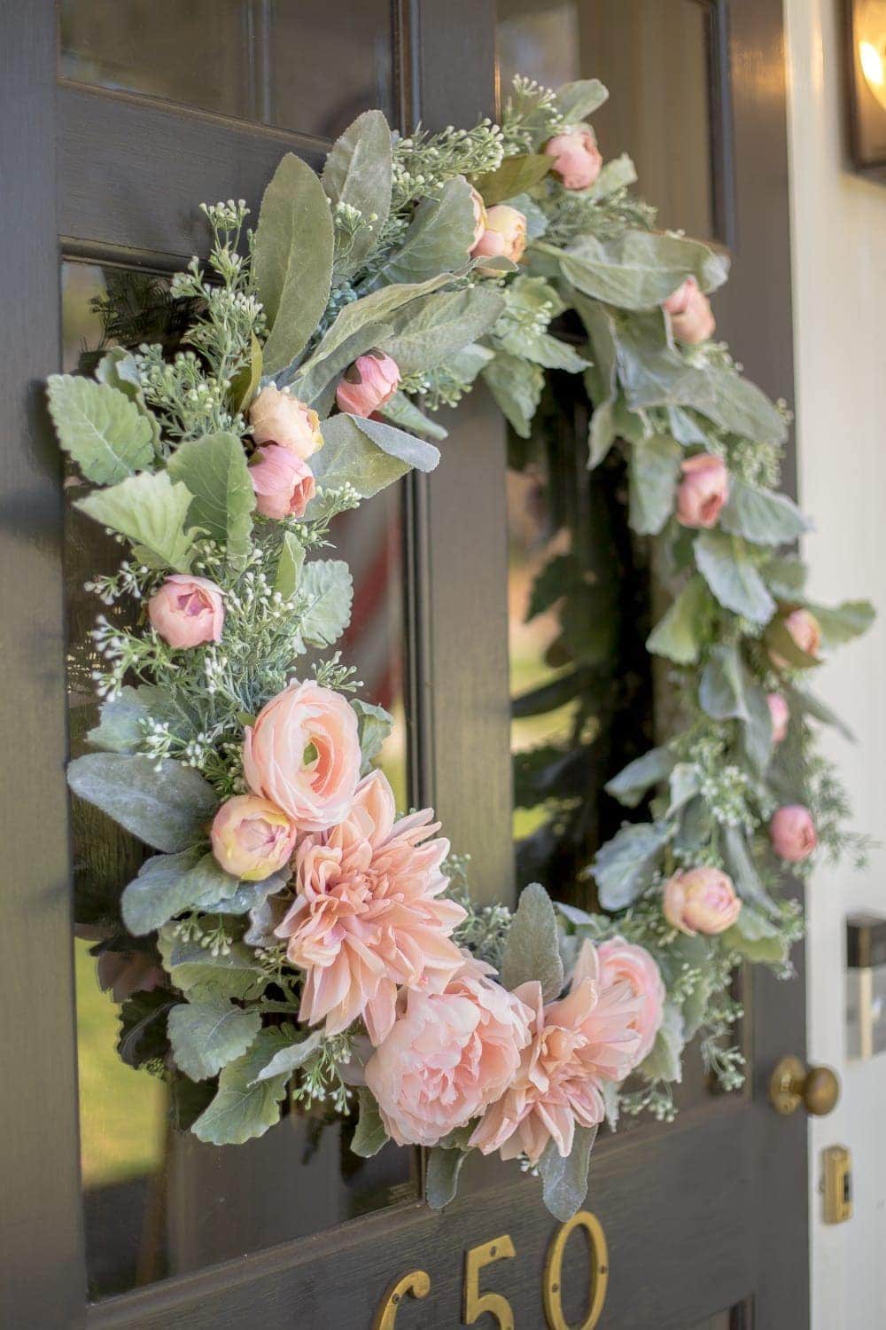 DIY Sage and Blush Spring Wreath | A step-by-step tutorial for making a spring wreath from scratch using artificial sage greenery and blush flowers for soft, romantic style.