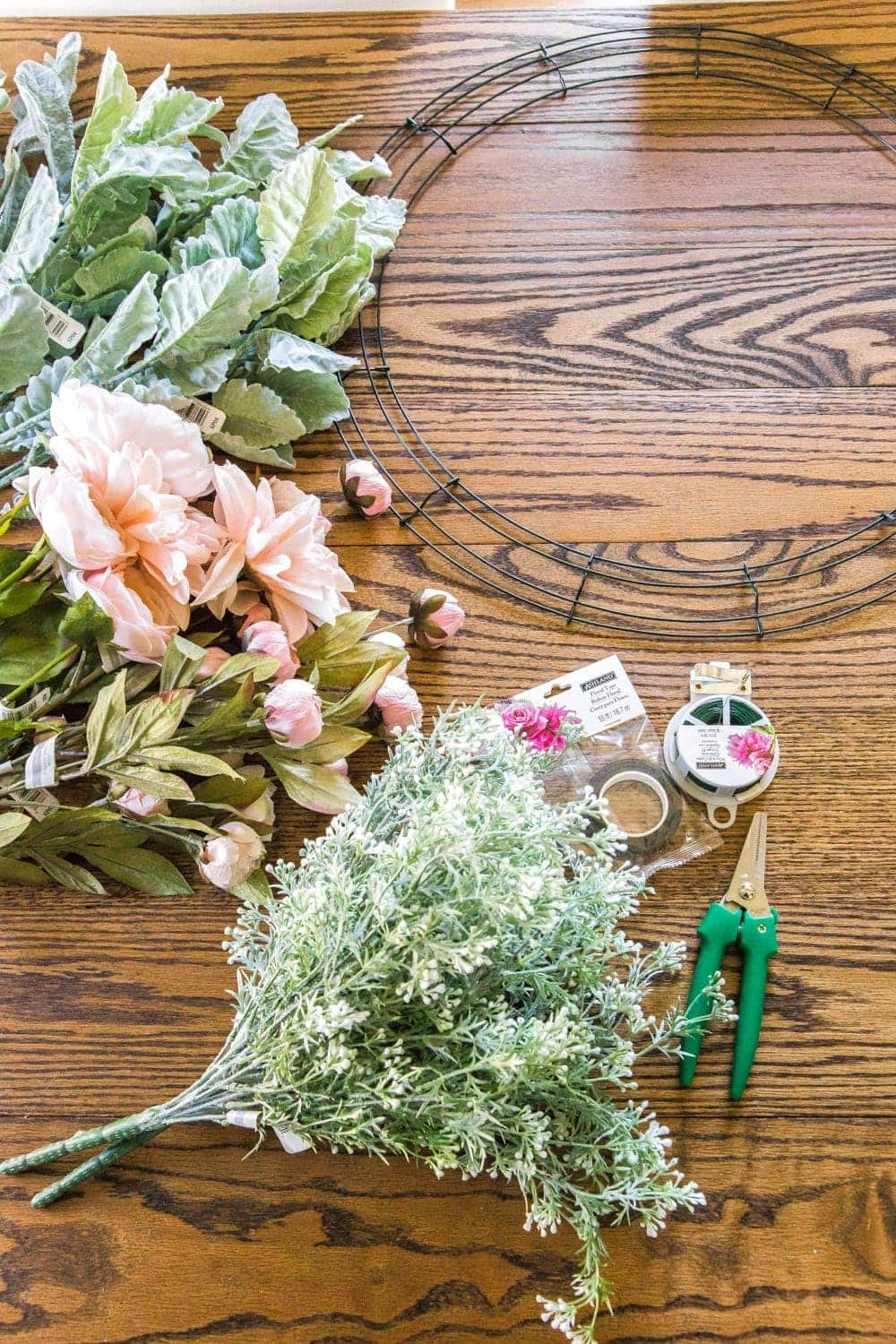 DIY Sage and Blush Spring Wreath | A step-by-step tutorial for making a spring wreath from scratch using artificial sage greenery and blush flowers for soft, romantic style.