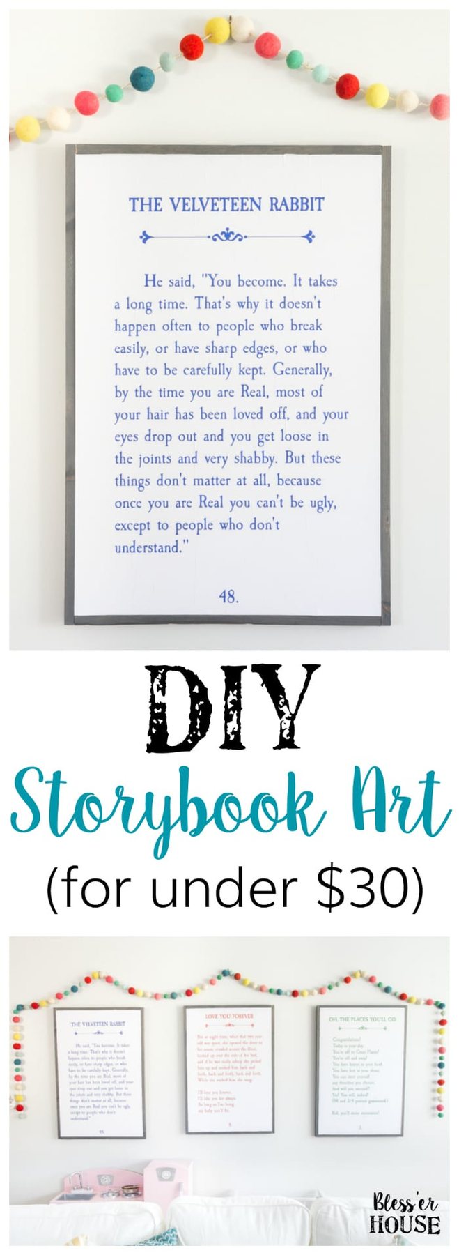 DIY Storybook Art | unigumushane.com - How to make DIY storybook art for less than $30 using just plywood, 1x2 boards, and colored engineer prints plus 3 free printables.