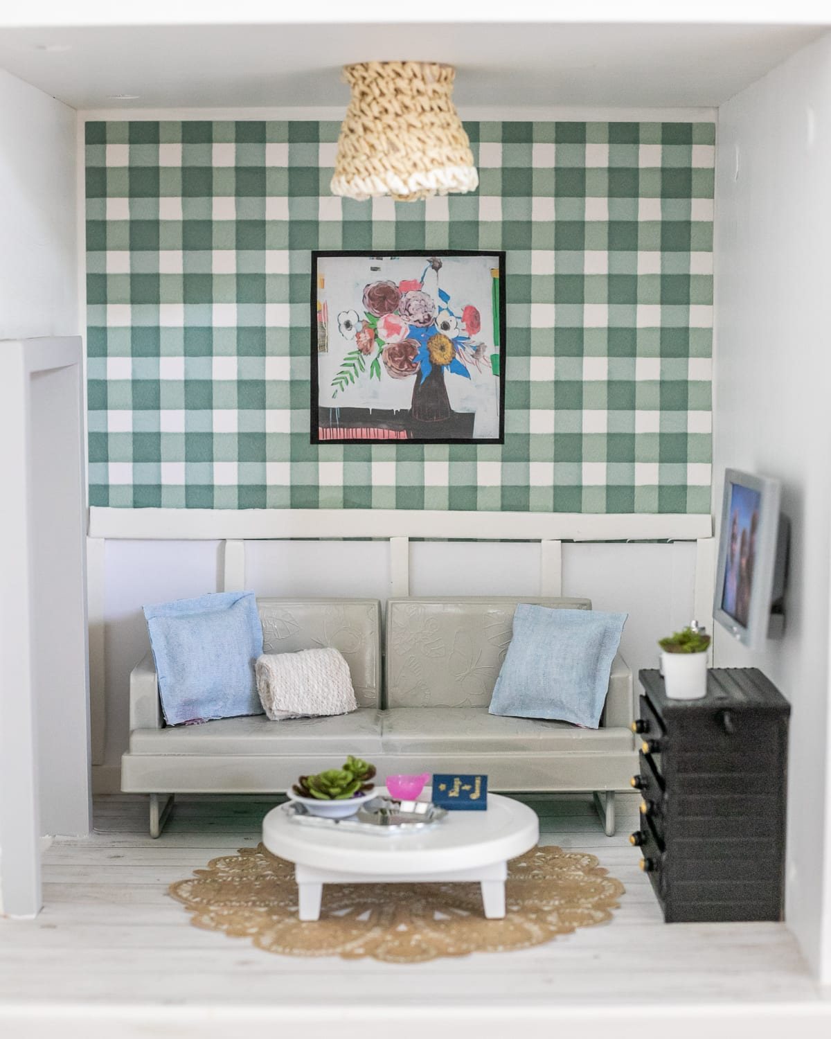 Barbie living room using handmade and thrifted items