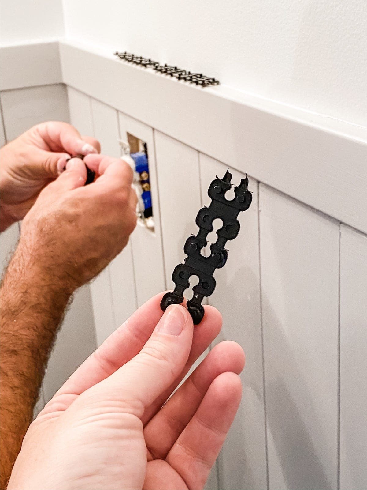 outlet spacers to push out outlet flush with vertical shiplap wainscoting