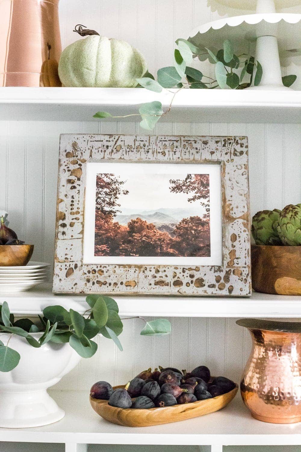 Autumn mountain landscape art printable and fall kitchen shelf vignette + more free fall printables