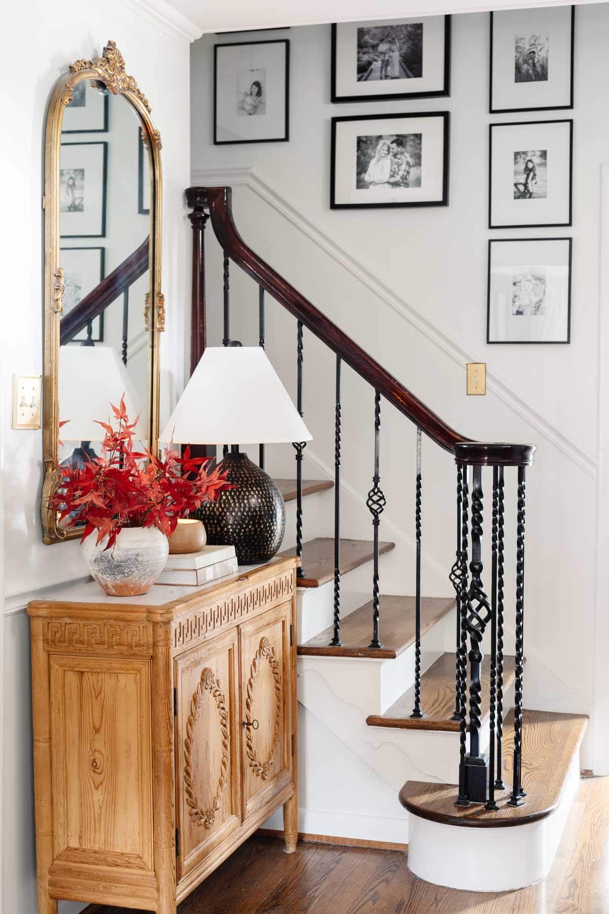 foyer table with fall leaves and mirror