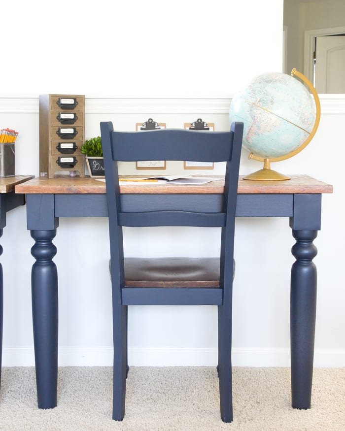 Repurposed Kitchen Table Turned Desks | unigumushane.com - How to use a repurposed kitchen table to cut in half and make wall-mounted desks for a playroom makeover with Fusion Mineral Paint Midnight Blue.