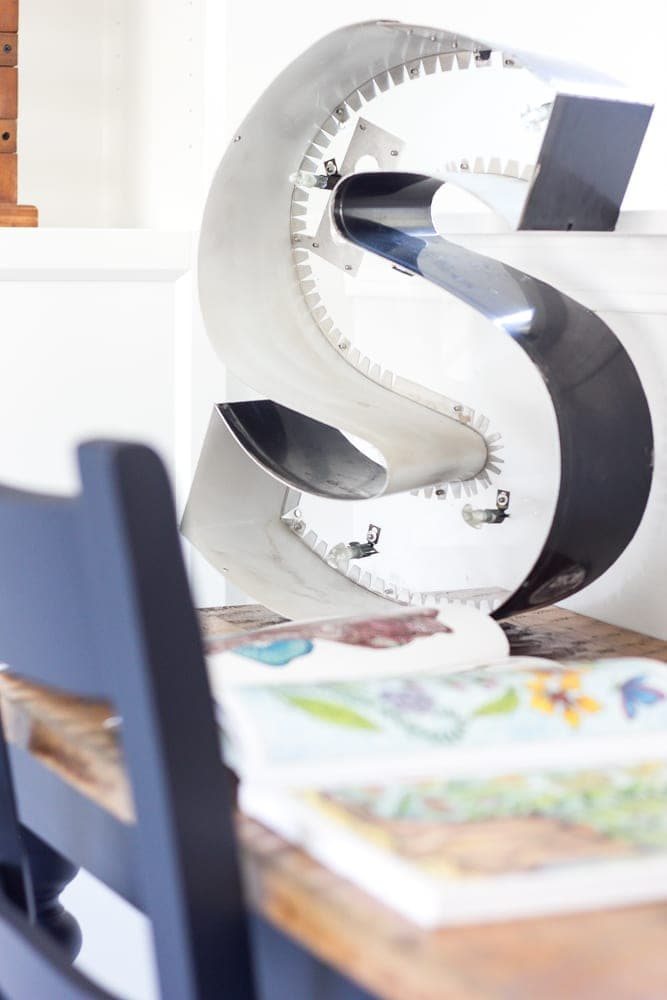 Repurposed Kitchen Table Turned Desks | unigumushane.com - How to use a repurposed kitchen table to cut in half and make wall-mounted desks for a playroom makeover with Fusion Mineral Paint Midnight Blue.