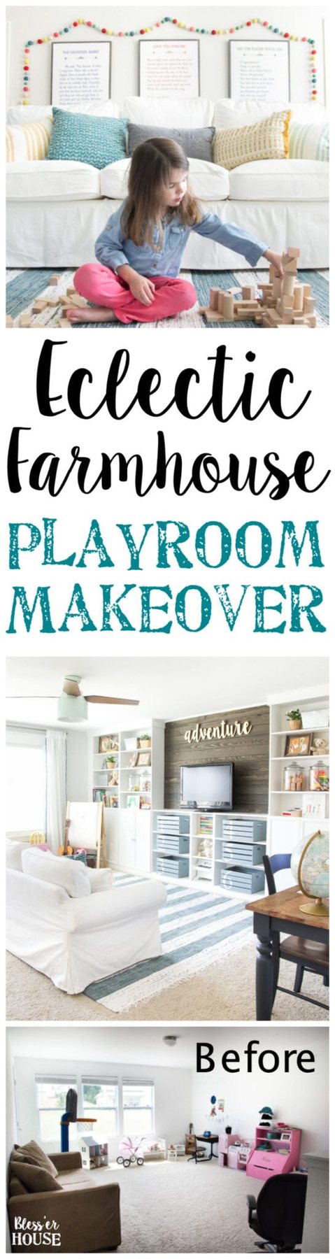 Eclectic Farmhouse Playroom Makeover | unigumushane.com - A boring and cluttered playroom gets a modern eclectic farmhouse makeover on a budget with DIY projects, smart storage solutions, and inexpensive finds. popular pin