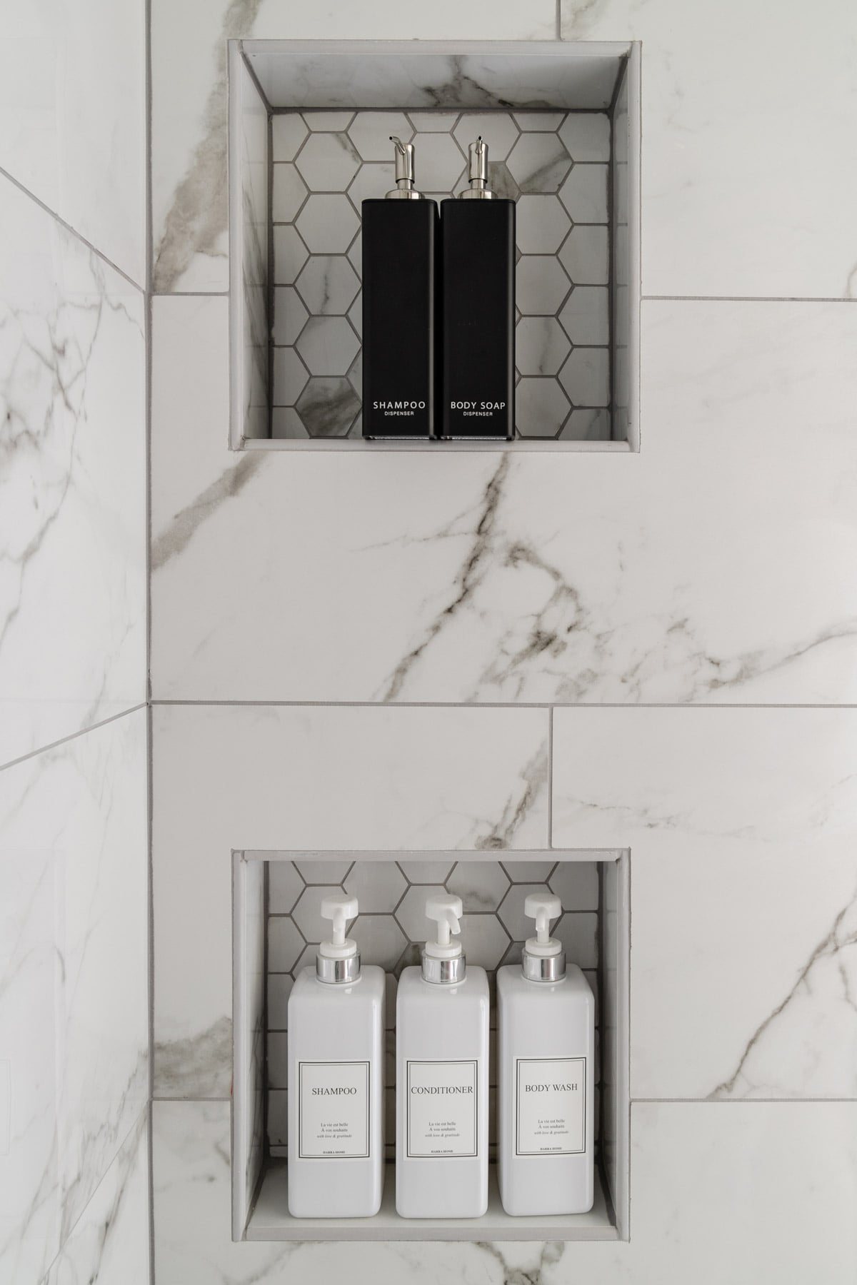 shower niches with soap dispernsers