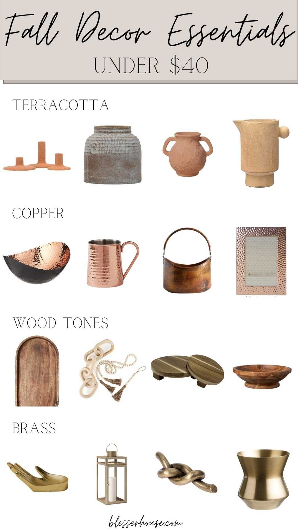 Fall Home Decor Under $40 - terracotta, copper, wood tones, and brass
