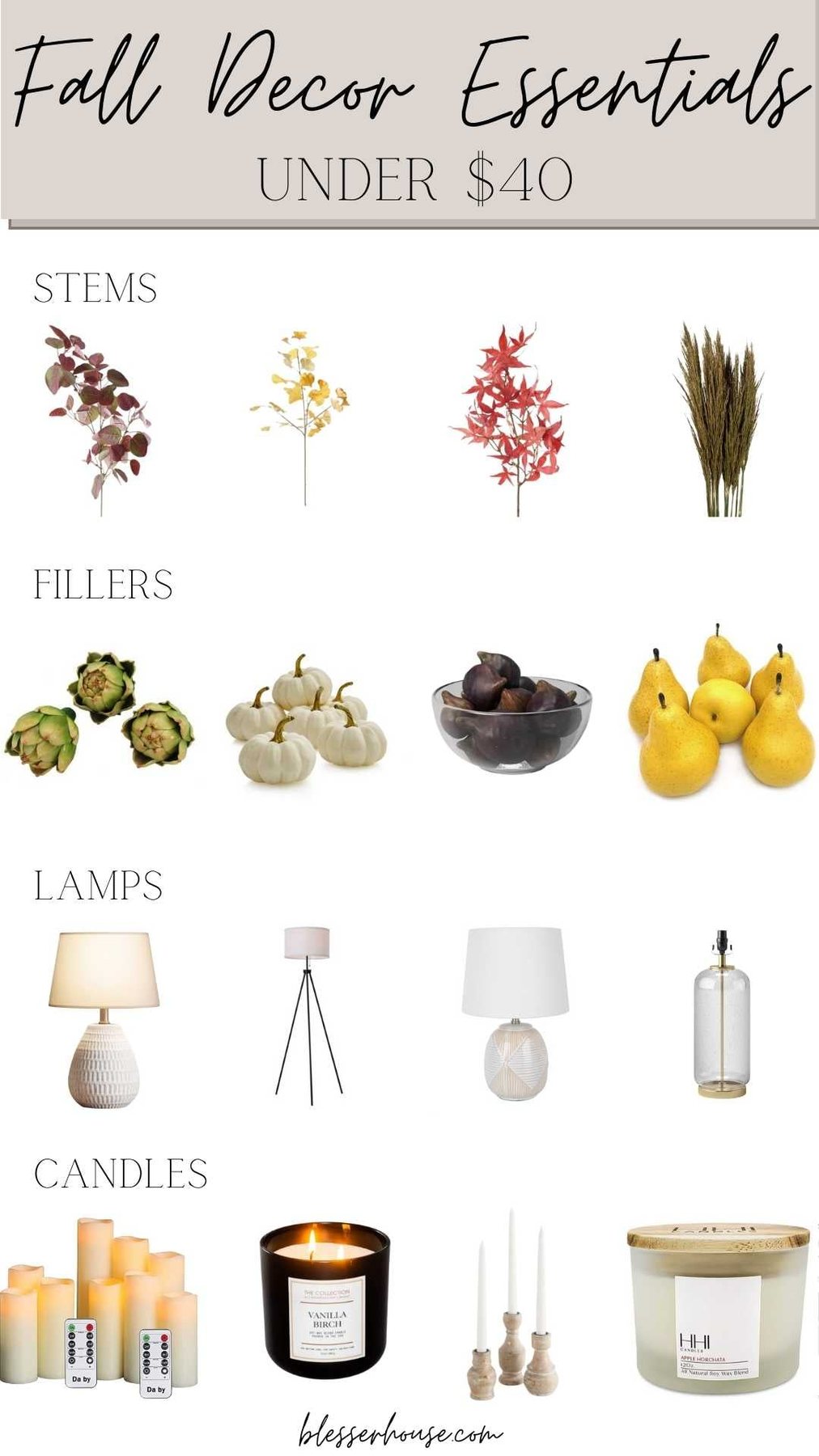 Fall Home Decor Under $40 - stems, fillers, lamps, and candles