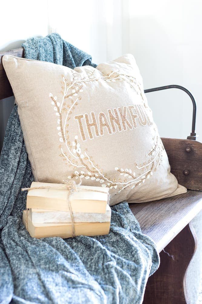 fall pillow with Thankful and beaded wreath