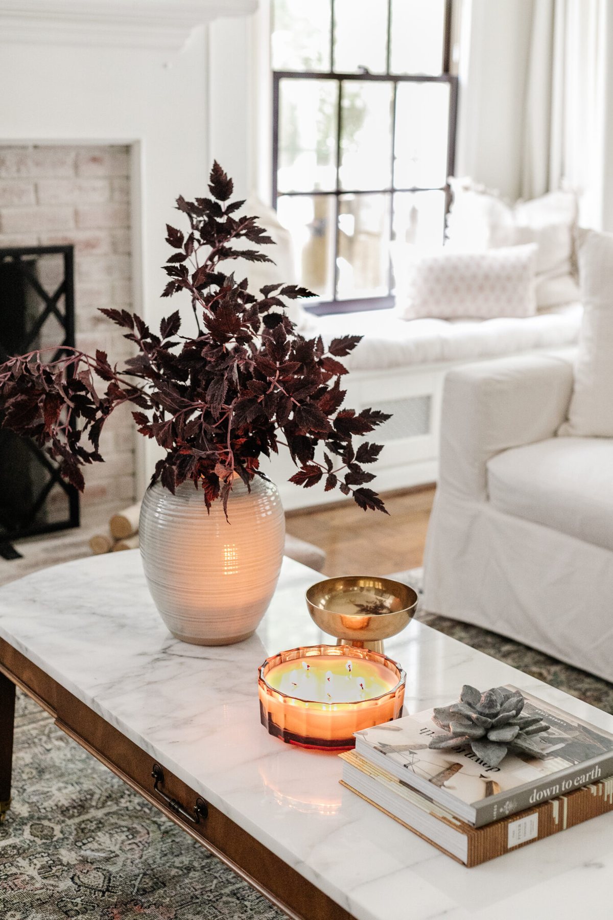 fall decor on a coffee table with vase of fall branches, candle, brass bowl, and books