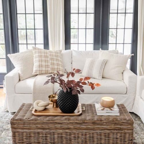 fall pillows a couch in a living room with fall leaves in a vase on a woven coffee table