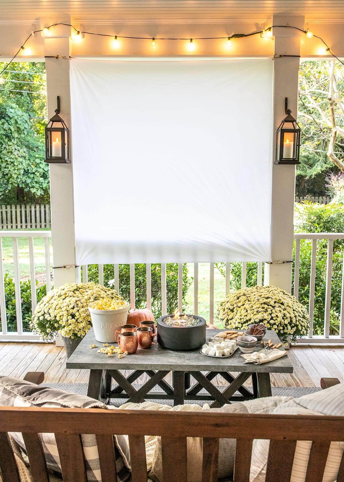 DIY Outdoor Movie Screen and DIY S'mores Table on Fall Back Porch