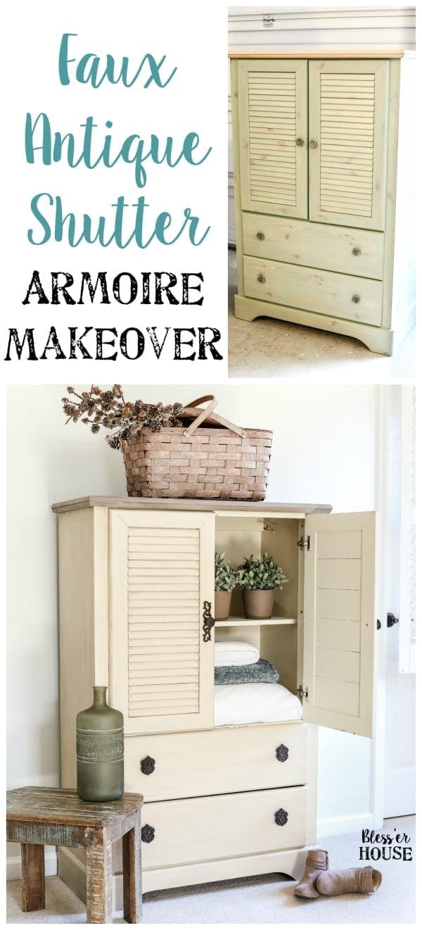 Faux Antique Shutter Armoire Makeover | unigumushane.com - A basic veneer cabinet gets a faux antique makeover using Fusion Mineral Paint in the color Plaster aged with Espresso wax and cast iron hardware.