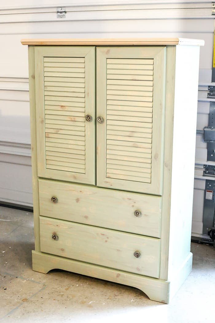 Faux Antique Shutter Armoire Makeover | unigumushane.com - A basic veneer cabinet gets a faux antique makeover using Fusion Mineral Paint in the color Plaster aged with Espresso wax and cast iron hardware.