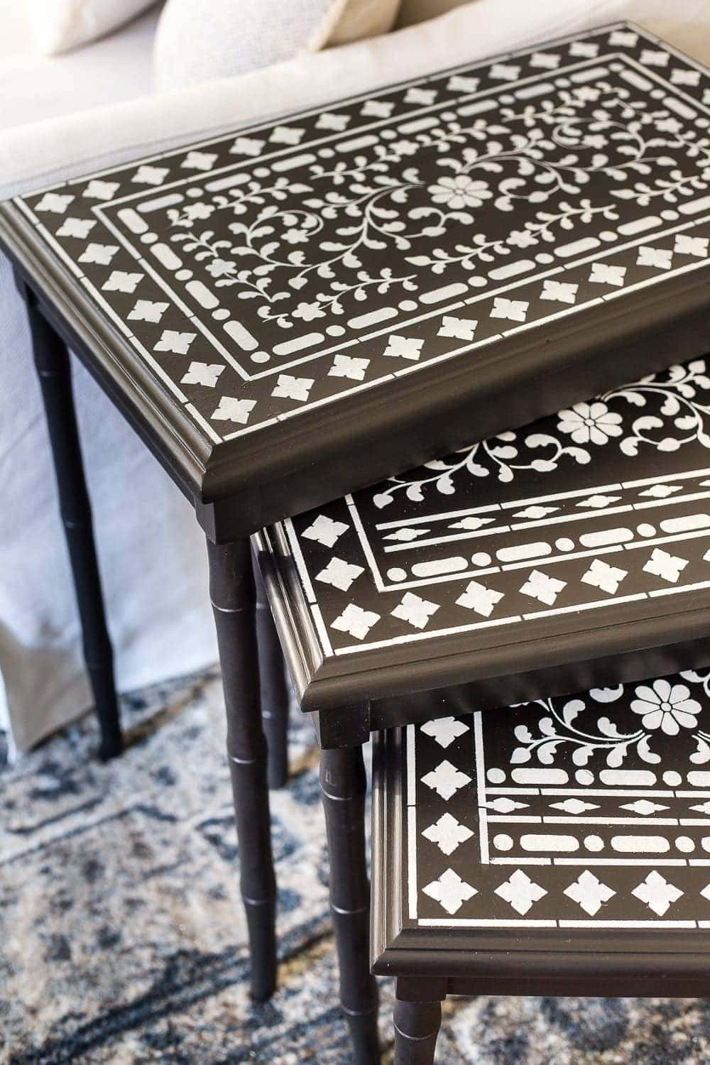 Faux Bone Inlay Nesting Tables Makeover | unigumushane.com - How to stencil furniture to look like an Indian bone inlay Anthropologie piece plus more thrift store furniture makeover ideas. #furnituremakeover #knockoff #thrift #stencil