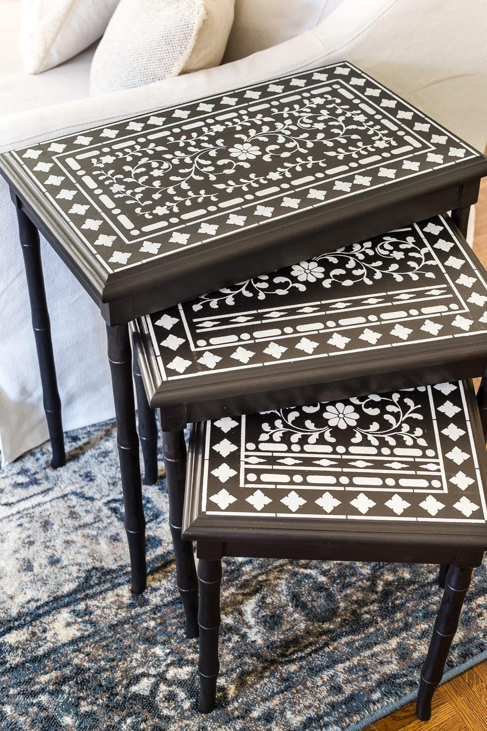Faux Bone Inlay Nesting Tables Makeover | unigumushane.com - How to stencil furniture to look like an Indian bone inlay Anthropologie piece plus more thrift store furniture makeover ideas. #furnituremakeover #knockoff #thrift #stencil